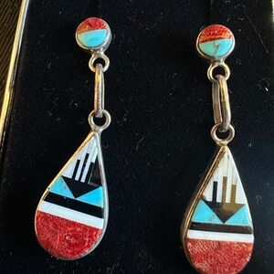 Sterling Teardrop Inlay Dangle Earrings - Turquoise & Coral
